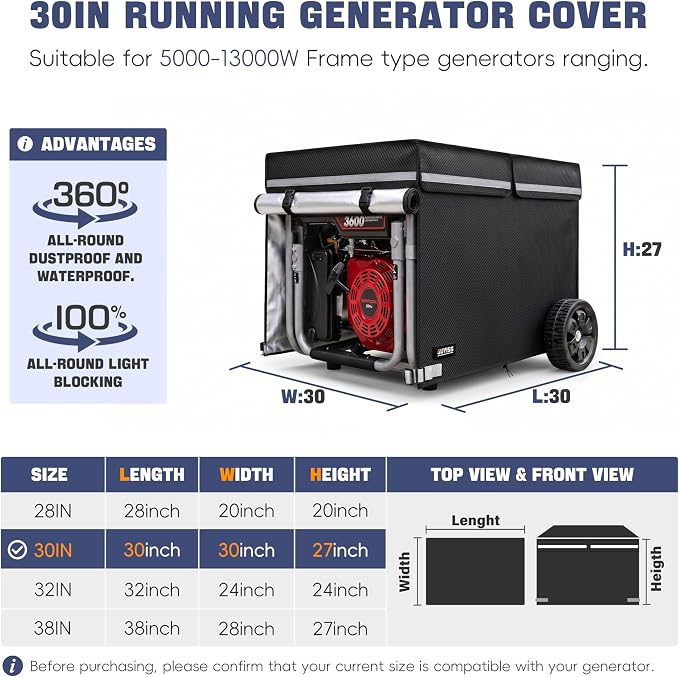 30×30×27 Inch Generator Covers for Outside. 900D+210D Double-layer Fabric, Designed to Handle Extreme Weather with Ease. Fits Most 5000-13000W Generators. Black