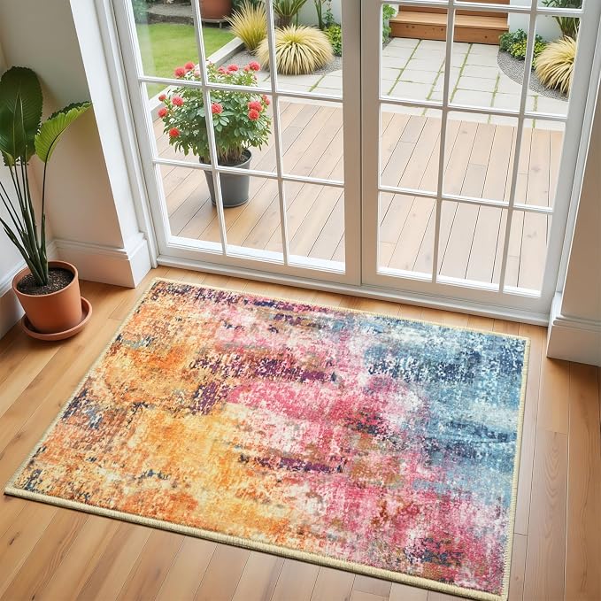 Colorful Washable Small Area Rug, 2x3 Abstract Non-Slip Door Mat, Modern Low Pile Indoor Entryway Rugs, Stain Resistant Throw Carpet for Front Door, Kitchen, Entry, Inside Entrance