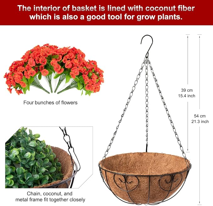 Ammyoo Artificial Hanging Flower Plants with Basket for Summer Fall Outdoor Decoration, Faux Petunias Flowers Fake Morning Glories in Basket for Outside Patio Garden Porch Balcony Yard Decor(Orange)