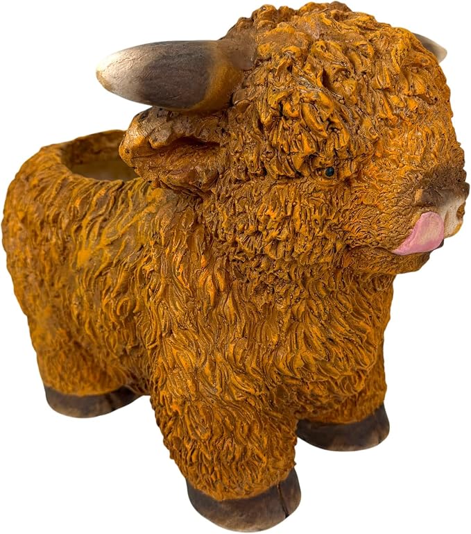 Zeckos Highland Cow Planter, Brown Painted Magnesium Oxide Animal-Shaped Freestanding Planter, 12 Inches Tall X 15 Inches Long X 8.25 Inches Wide, MGO Farmhouse Decorative Accent