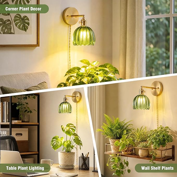 Wall Mounted Grow Lights for Indoor Plants with Vintage Tulip Glass Shade, Switch and Power Cord, Decorative Hanging Plants Light for Growing