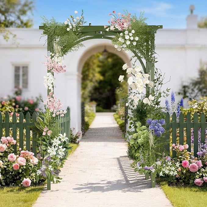 VINGLI 85in Wooden Arbor Garden Arch, Wedding Arch for Ceremony, Wood Trellis for Plant Climbing, Christmas Decor Pergola for Garden Backyard, Lawn (Olive Green)