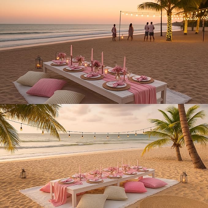 Beeveer 14 Pack Picnic Kit 91x71 Inch Extra Large Outdoor Boho Picnic Blanket with Pink Table Runner, 6 Throw Pillow Covers 6 Napkin Woven Cotton Yarn Washable Beach Blanket for Camp Wedding Decor