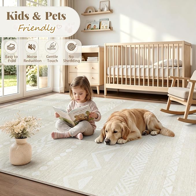 Zomfy 9x12 Area Rug Washable Rugs for Living Room(Beige, 9'x12') | Geometric Boho Modern Rugs Large Non Slip Soft Carpet Low Pile No Shedding Print Rug for Bedroom Dining Room Home Office