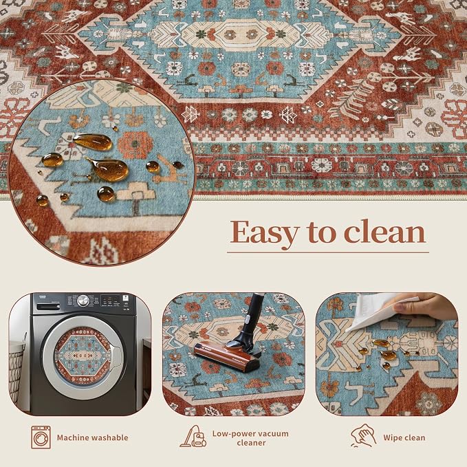 Ciicool Washable 3x5 Area Rug,Boho Non-Slip Indoor Mat for Entryway Kitchen | Oriental Low-Pile Soft Vintage Boho Indoor Entry Carpet for Bedroom Bedside Living Room Laundry Dining Room