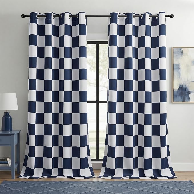 100% Blackout Checkered Curtains – 2 Panels, Each W52×L96, Thermal Insulated, Nosie Reducing for Bedroom, Navy and White Checkerboard Design