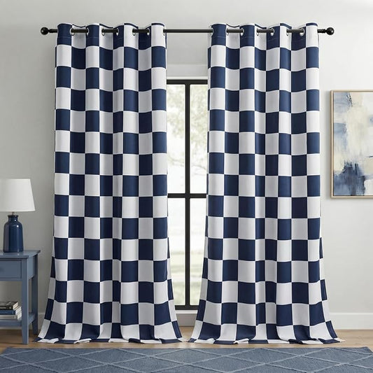 100% Blackout Checkered Curtains – 2 Panels, Each W52×L96, Thermal Insulated, Nosie Reducing for Bedroom, Navy and White Checkerboard Design