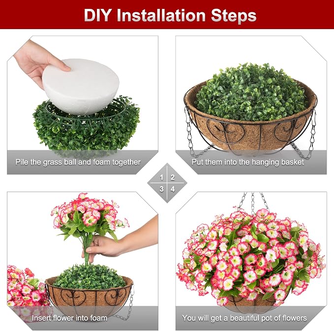 Ammyoo Artificial Hanging Flower Plants with Basket for Outdoor Decoration, Faux Petunias Flowers Fake Morning Glories Planter for Outside Patio Garden Porch Balcony Yard Decor(Pink)