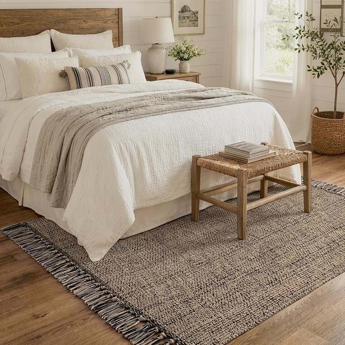 4' x 6' Bedroom Area Rug, Modern Farmhouse Indoor Outdoor Rugs | Boho Living Room Rug, Natural/Black Hand Woven Comfy Bedside Mats Reversible Dining Room Carpet for Nursery Room Patio Decor