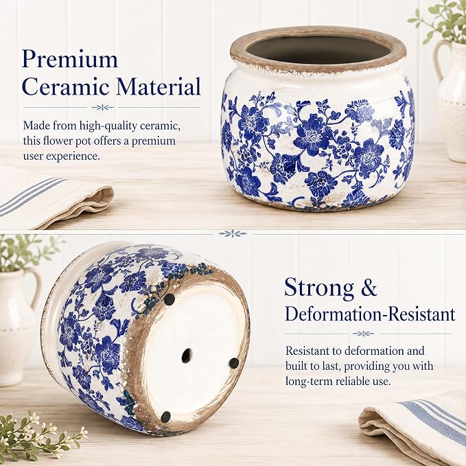 7.7" Large Vintage Ceramic Plant Pot Blue White Farmhouse Rose Crackle Glaze Rustic Flowers Planter Pot with Drainage for Indoor Outdoor Plants Kitchen Office Shelf Home Decor Gift