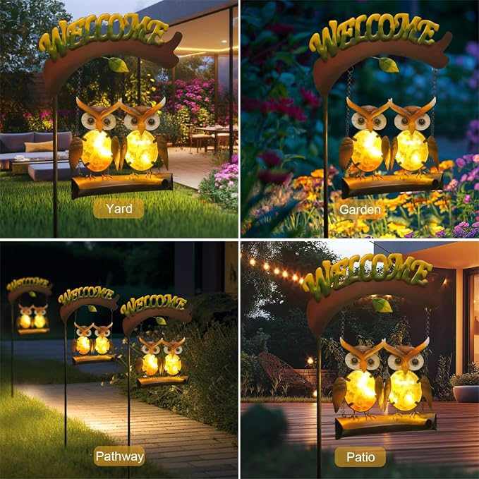 Solar Lights Outdoor Decor, Owl Swing Garden Decor, Owl Gifts for Women Mom, Whimsical Garden Lights Outdoor Decorations with Welcome Sign for Outside Patio Yard Lawn Decor-48inch
