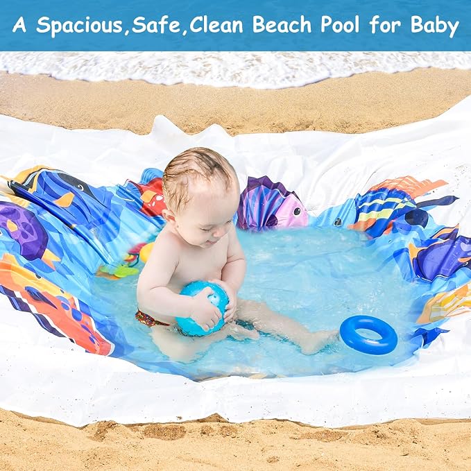 6.6 X 6.6 Ft Baby Beach Pool, 2 in 1 Portable Kids Beach Play Pool Puddle Toddler Beach Blanket and Kiddie Pools Blue Cartoon Childs Sand Pit Paddling Pools with Water Bag for Boy Girl Outdoor Camping