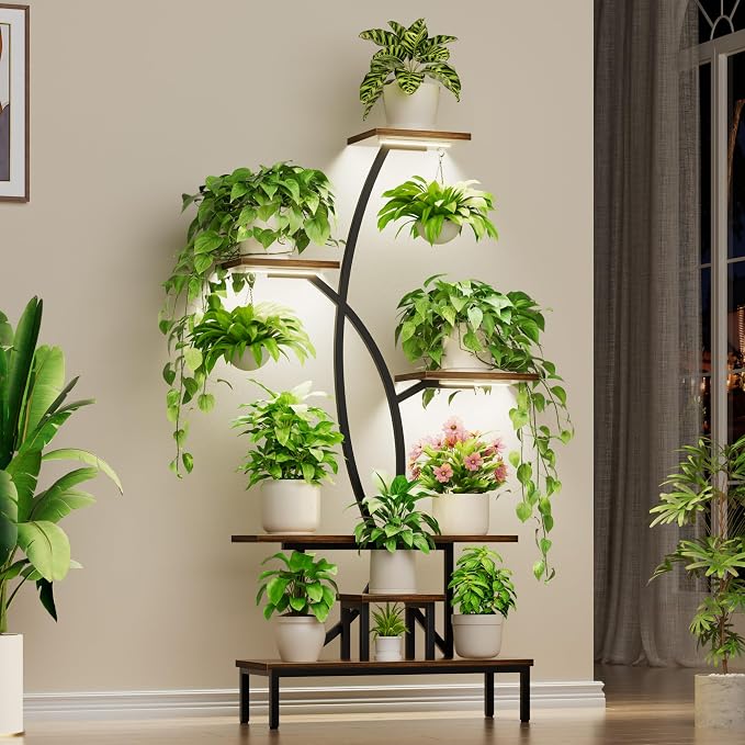 Plant Stand Indoor with Grow Lights - 63" Tall Plant Shelf, 7 Tiered Corner Plant Stands for Indoor Plants Multiple, X-Shaped Metal Large Flower Holder Decorative Display Rack for Living Room, Home