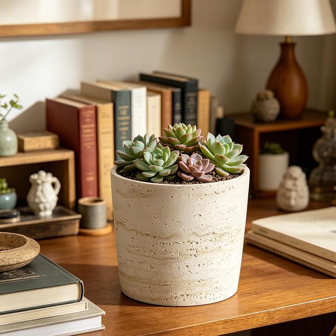 Ekirlin 7 Inch Natural Travertine Textures Plant Pot, Resin Outdoor Planter with Drainage Hole, Removable Rubber Stopper and Non-Slip Soft Pad,Weatherproof Decorative Pot for Indoor/Garden Plants