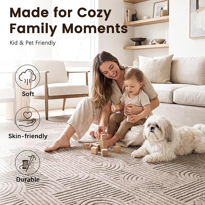 Etwel 6.5 ft Taupe Geometric Textured High-Low Pile Washable Round Rug | Modern Soft Carpet, Non-Slip PVC Backing, Low Profile, Kid and Pet Friendly, for Living Room, Bedroom, Dining Room, Nursery