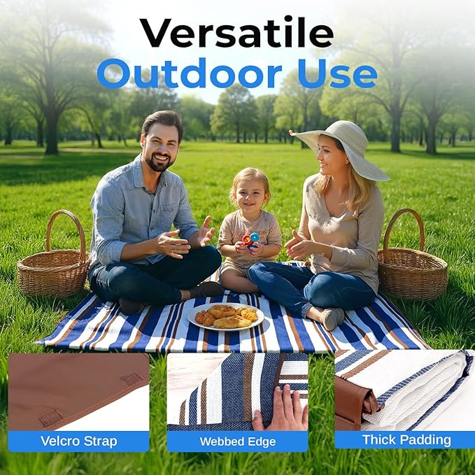 scuddles Extra Large Picnic Blanket 60" x 80" for Beach & Camping | Waterproof Outdoor Mat with Soft Dual-Layer Comfort, Reinforced Edges, Foldable Travel Rug with Compact Foldable Design