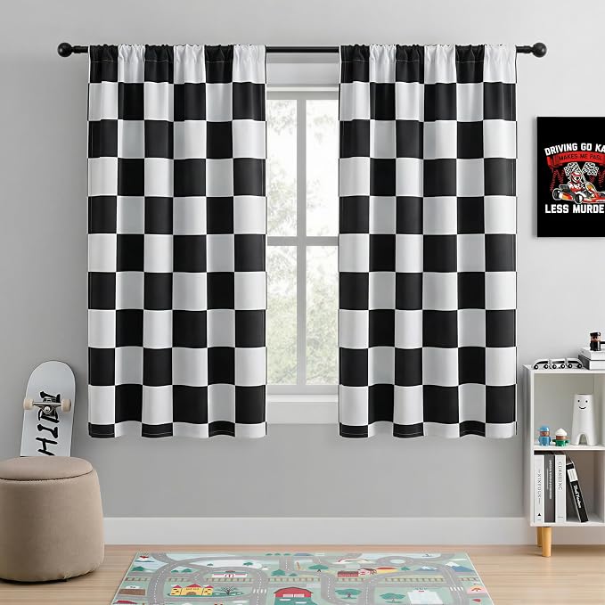 Rod Pocket & Back Tab Checkered Curtains, 100% Blackout, Race car Flag Checkerboard Curtains, Thermal Insulated, Noise Reducing, 2 Panels, Each W42×L63