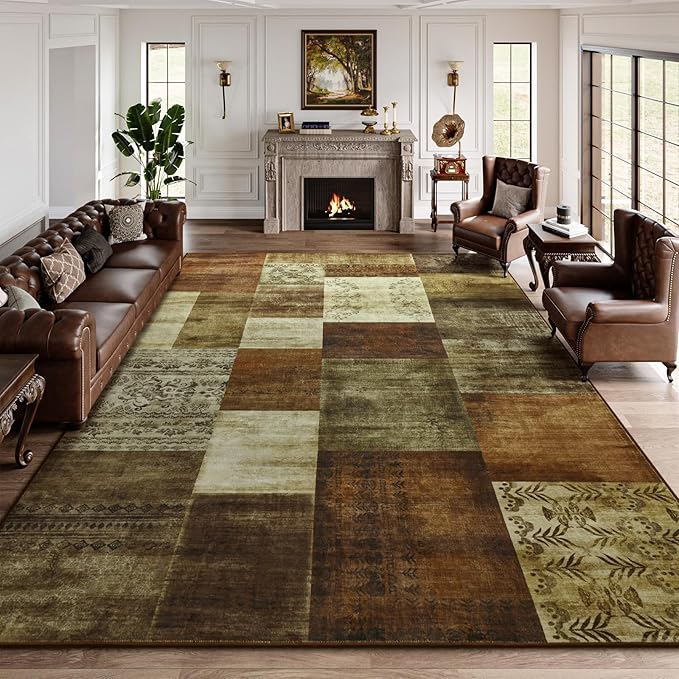 Washable Area Rugs 8x10 for Living Room, Large Modern Geometric Brown Soft Patchwork Carpet, Non-Slip Stain Resistant Throw Rug for Bedroom Dining Room Office Home Decor