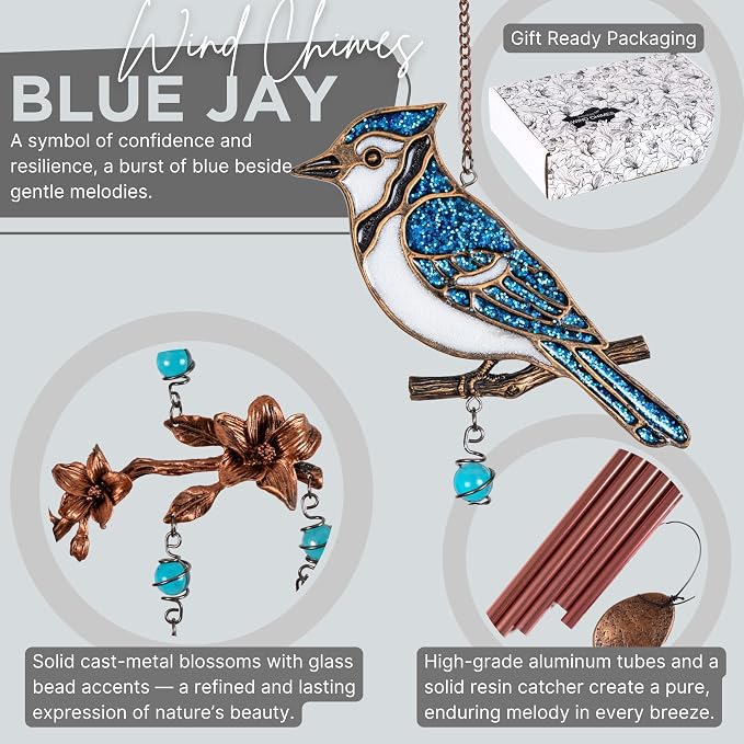 Wind Chimes - Wind Chimes for Outside Deep Tone 32 inches 5 Aluminum Tubes, Birthday, Memorial, Gifts for Mom, Grandma, Daughter, Decoration for Home, Garden, Patio, Backyard (32" Bluejay)
