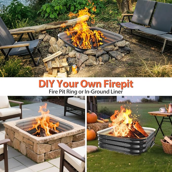 Fire Pit Ring,36in Heavy Duty Square Firepit for Outside,11'' Tall Galvanized Steel Wood Burning Bonfire Pits,Portable Outdoor Fireplaces for Backyard,Camping,Patio,Beach