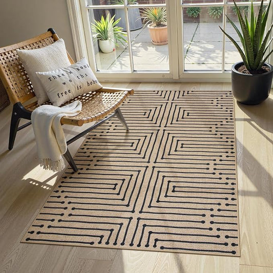 Lahome Boho 3x5 Outdoor Rugs for Entry, Washable Easy Jute Rug | Maze Lines Modern Throw Rug Non Slip Stain Resistant Door Mat for Front Porch Balcony