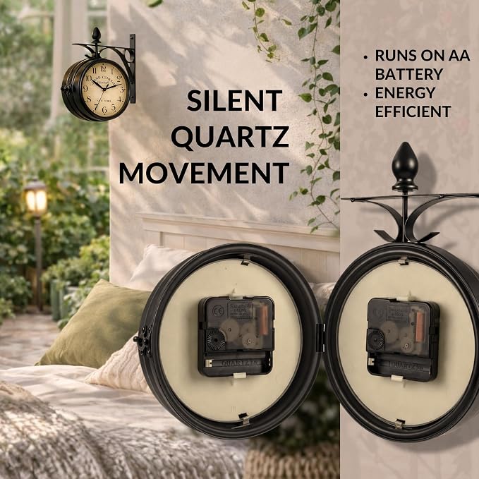 Double Face Wall Clock Black – Small Vintage Wall Clock Double Sided 360 Degree Rotate Antique for Outdoor Indoor Decorative Office Kitchen Living Room