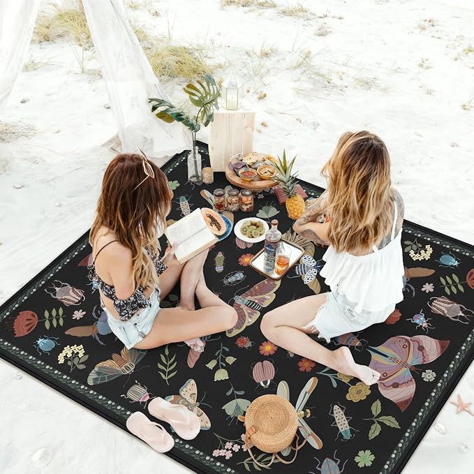 Insect Picnic Blankets Waterproof Foldable, 60″X80″ Packable Picnic Mat Boho Outdoor Blanket for Grass, Large Beach Blanket Sandproof Picnic Accessories for Camping Music Festival Park Lawn Travel