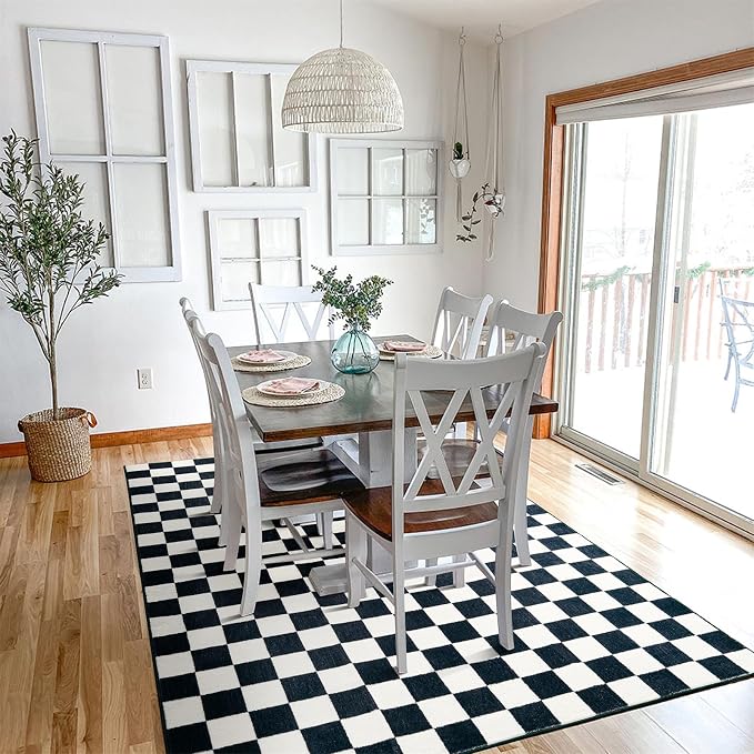 Retro Checkerboard 4x6 Entryway Rugs Non Slip Indoor Geometry Carpet Washable, Ultra Thin Boho Black and White Cute Vintage Aesthetic Funky Throw Rugs for Kitchen Bedroom Living Room