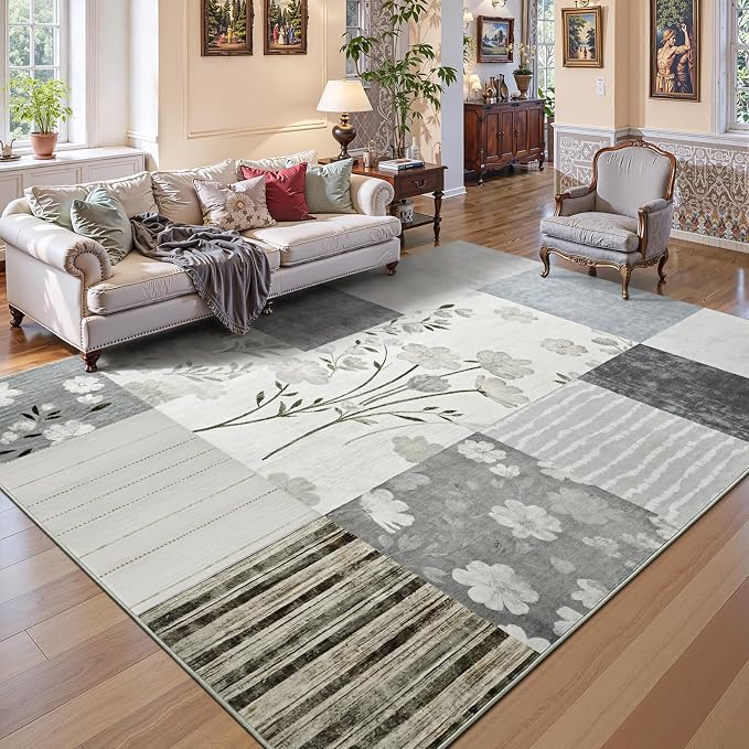 DweIke Floral Rugs for Living Room, 6x9 Washable Area Rug for Dining Room Farmhouse Office Bedroom Decor, Geometric Patchwork Stain Resistant Low Pile Indoor Floor Throw Rugs, Light Grey