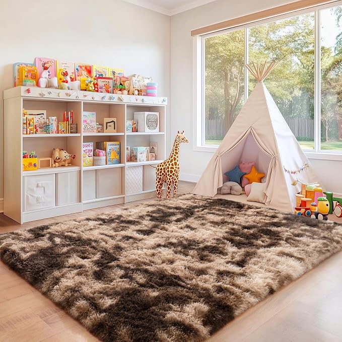Rugs for Living Room 6x9, Ultra Fluffy Fuzzy Shag Area Rug for Bedroom, Modern Plush Soft High Pile Upgrade Non-Slip Carpet for Kids Girls and Boys, Dorms, Home Decor, Tie-Dyed Brown
