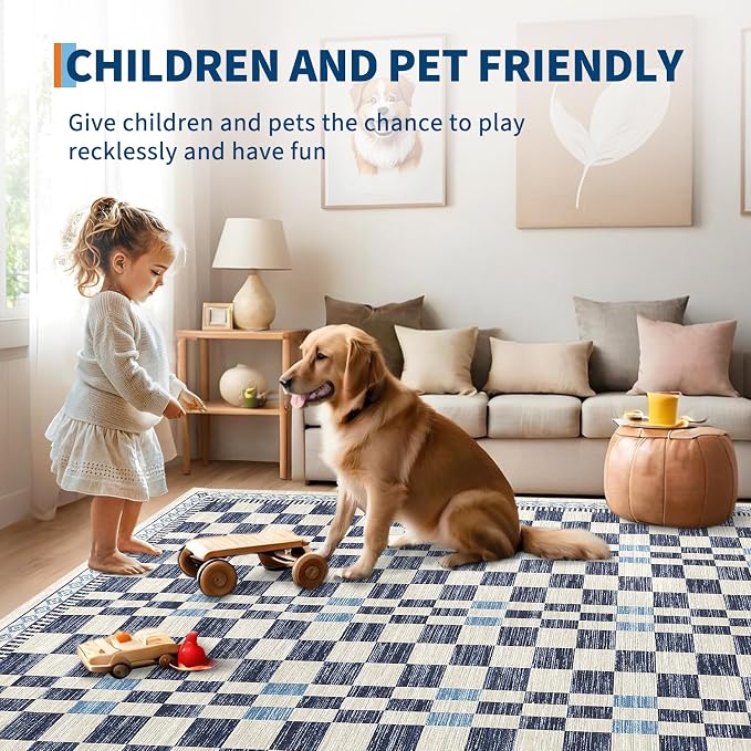 GarveeHome Washable 4x6 Area Rug for Baby Room Modern Abstract Checkered | Non-Slip Low Pile Kitchen Carpet Stain-Resistant No-Shedding High Traffic Area Rug for Dorm Home Dining Office Decor Blue