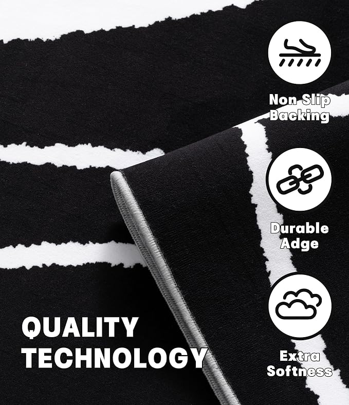 Black Modern Area Rug 6x9,Abstract Rugs for Bedroom,Black and White Geometric Rug,Minimalist Striped Rug,Dark Washable Area Rugs 5x7 Non Slip Rugs for Living Room，Office