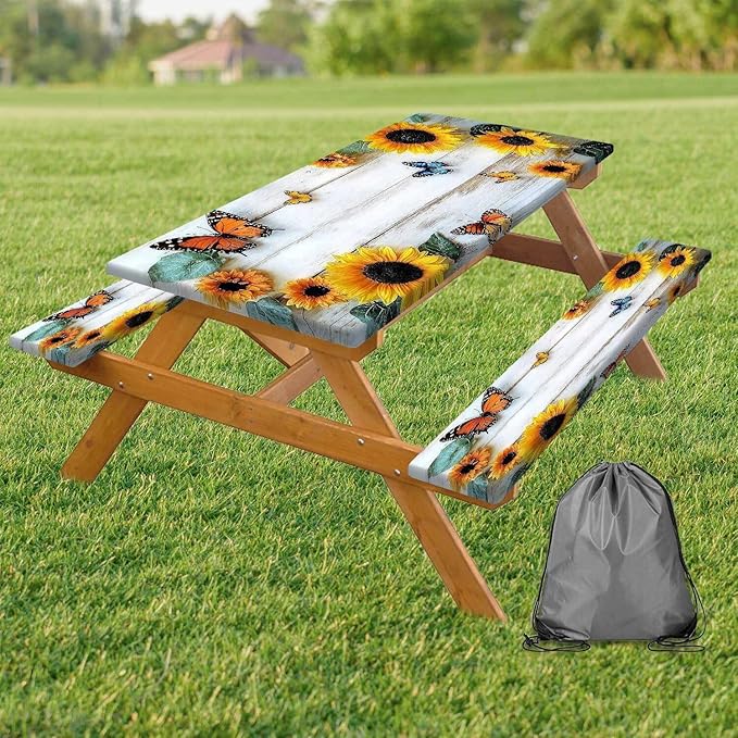 Picnic Table Cover with Bench Cover, Outdoor Patio Camping Essentials Farmhouse Sunflower Table Covers with Elastic Waterproof Camping Tablecloth with Drawstring Bag, 60In 3PCS