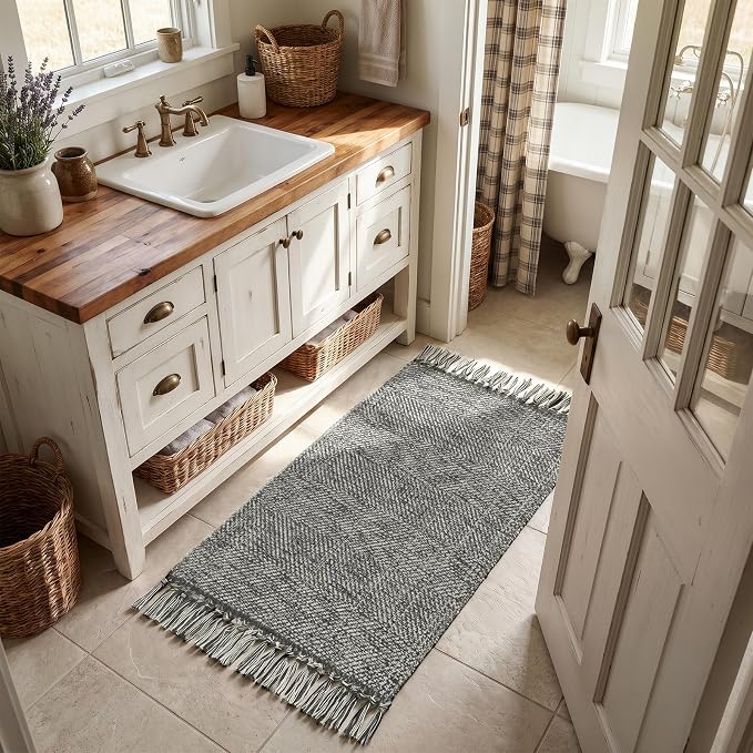 2' x 4.3' Boho Kitchen Runner Rugs, Grey Farmhouse Bathroom Mat | Hand-Woven Washable Entryway Rug, Modern Soft Bedroom Carpet Reversible Front Door Mats for Laundry Porch Bedside Decor