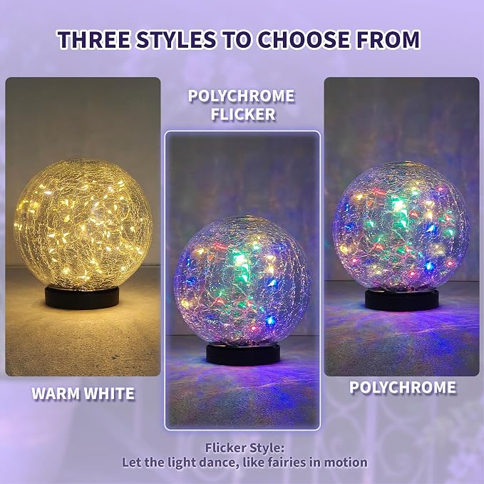 HOTEAGLE Solar Globe Lights Outdoor Waterproof-Large 2-Pack Solar Balls Lights for Outside Garden-Cracked Glass Ball Solar Lights for Garden Patio & Lawn Backyard Decor (Polychrome-Flicker, 5.9 inch)
