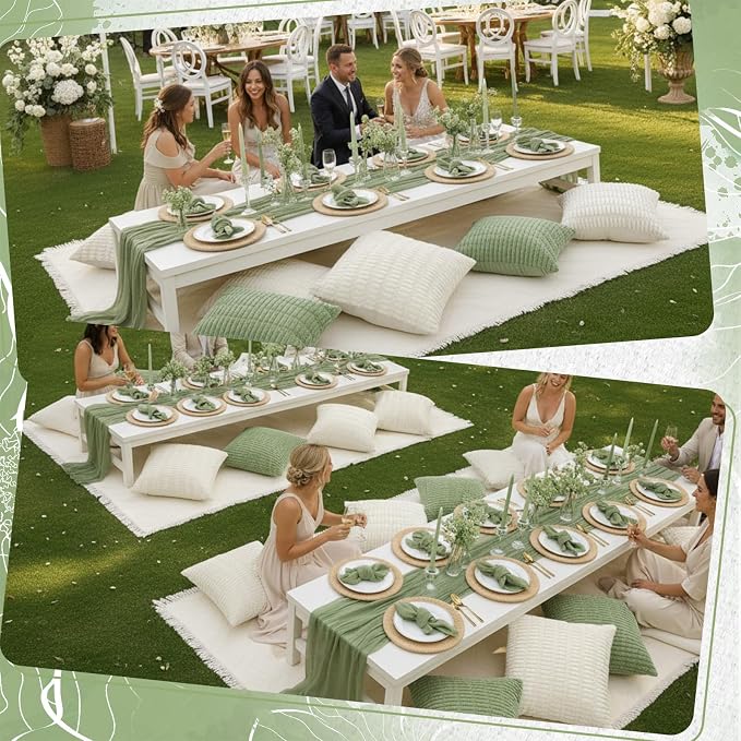 Beeveer 14 Pack Picnic Kit 91x71 Inch Extra Large Outdoor Boho Picnic Blanket with Sage Green Table Runner, 6 Throw Pillow Covers 6 Napkin Woven Cotton Yarn Washable Beach Blanket for Camp Wedding