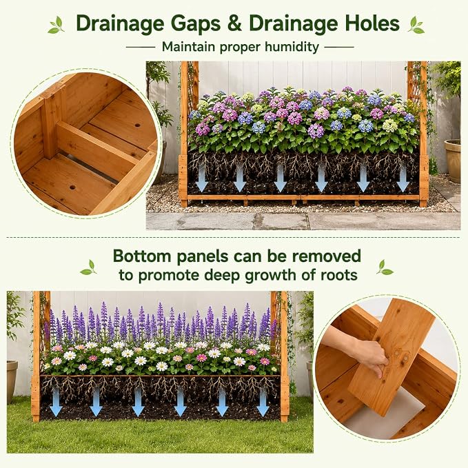 Giantex Raised Garden Bed with Trellis & Hanging Roof, 77" Wooden Elevated Planter Box w/Drainage Holes, Freestanding Garden Planter for Climbing Plants Vegetable Herb Flower, Patio Backyard Garden