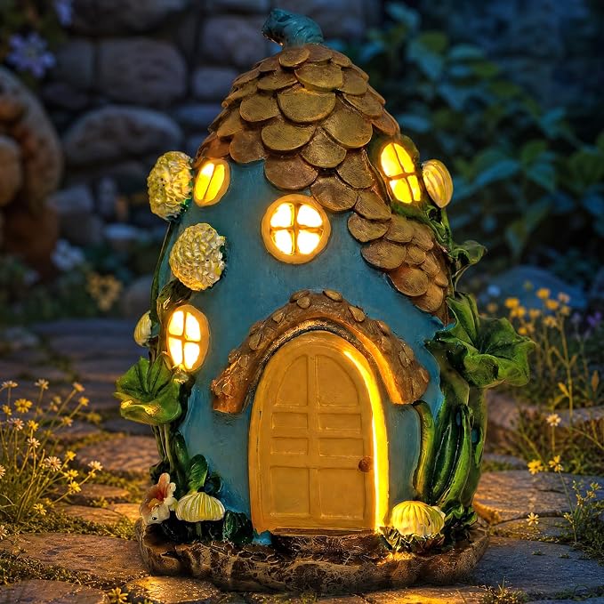 Fairy Garden House with Solar Light,Outdoor Figurine Lights Garden Statues,Yard Decorations Outdoor Fairy Garden Accessories,Decor Gifts for Mom Women (Wind Dragon)