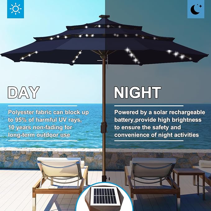 Eurmax USA 10-Year-Non-Fading 10FT 3-Tier Outdoor Patio Market Umbrella with LED Lights,UPF50+ UV Resistant,Commercial Grade,Crank Lift Design,Windproof Vented Top for Garden,Pool,Deck,Navy Blue