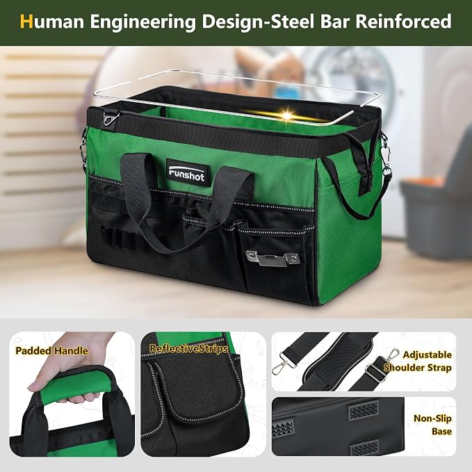 16 Inch Heavy Duty Tool Bag, Compact Tool Organizer with 17 Pockets, Wide Mouth Tool Tote with Adjustable Shoulder Strap, Portable Work Bag for Electricians, Mechanics, Contractors, DIY & Home Repair