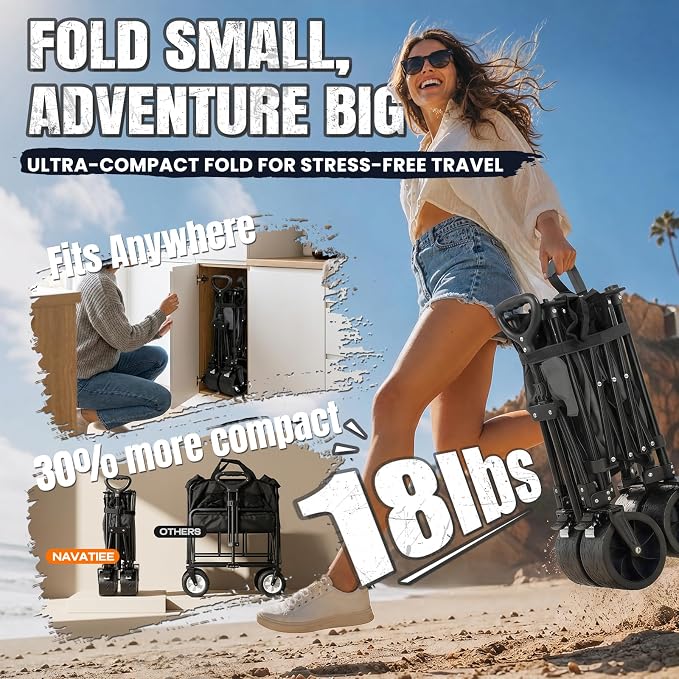 Navatiee 330Lbs Collapsible Folding Wagon, Beach Wagon Cart Heavy Duty Foldable with Big Wheels, Utility Grocery Wagon with 165L Large Capacity for Camping Garden Sports, Gray