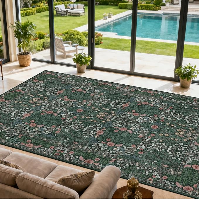 Area Rug for Living Room, 10x12 Large Washable Rugs for Dining Room, Bedroom, Non Slip Stain Resistant Carpet, Low Pile Vintage Floral Rug (Green)