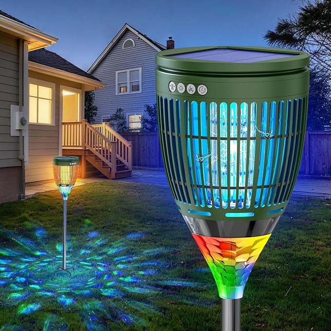 Solar Bug Zapper Outdoor, Mosquito Zapper with Flame Light & RGB Projector | Solar Powered & USB Rechargeable, IP65 Waterproof 4200V Electric Mosquito Killer for Yard Garden Camping 2000 Sq Ft