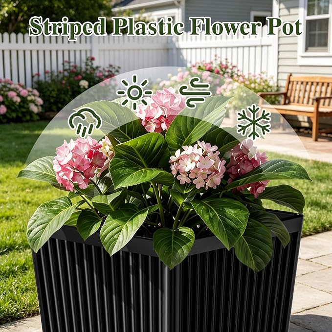 Square Tall Planters for Outdoor Plants Set of 2 - Fluted Large Outdoor Planters for Porch with Tray Saucers and Drainage Holes, Tapered Tall Indoor Flower Pots for Patio Garden, Black