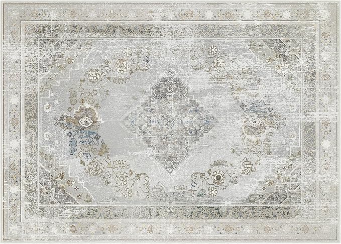 Phantoscope Washable Area Rug 5'x7' Non-Slip, Vintage Neutral Rugs for Living Room, Bedroom, Dining Room, Distressed Boho Medallion Pattern, Low-Pile Foldable Floor Carpet, Silver Grey/Taupe