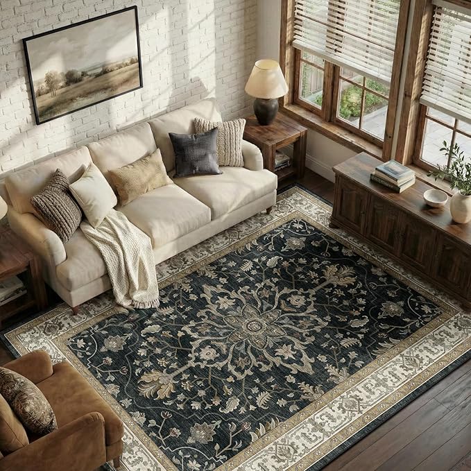 RELEANY Washable Area Rug, 6'x8', Black/Vintage/Beige | Non-Slip, Water Repellent, Pet Friendly, Easy to Clean, Vintage Floral Boho Decor for Living Room Bedroom Dining Room Office