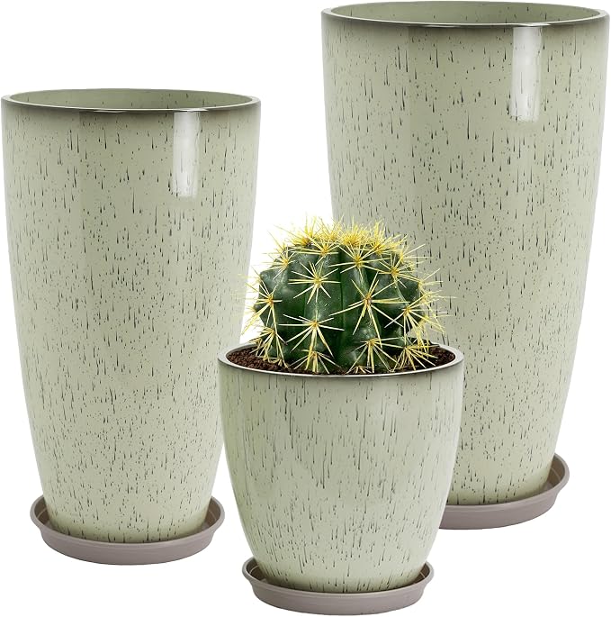 Neoaider Set of 3 Tall Planter, 24/21/12in Large Plastic Planter, DripGlaze | Ceramic-Look, Lightweight, Built-in Drain Hole, Saucers, Tall Outdoor Planter for Porch, Garden, Patio, Balcony