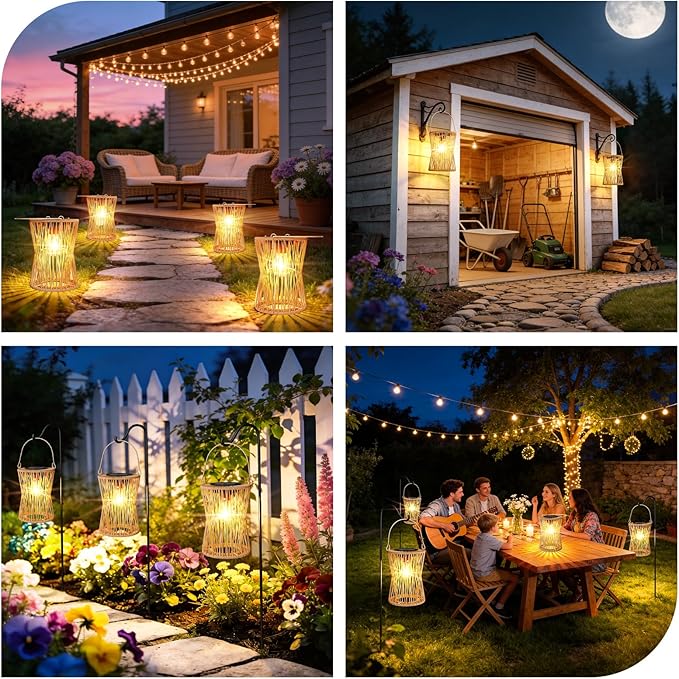 Solar Lanterns Outdoor Waterproof 2 Pack, Upgraded Rattan Hanging Solar Lights for Outside with Handle, Bright Auto On/Off Decorative Outdoor Lanterns for Patio Garden Yard Porch, Gifts for Mom