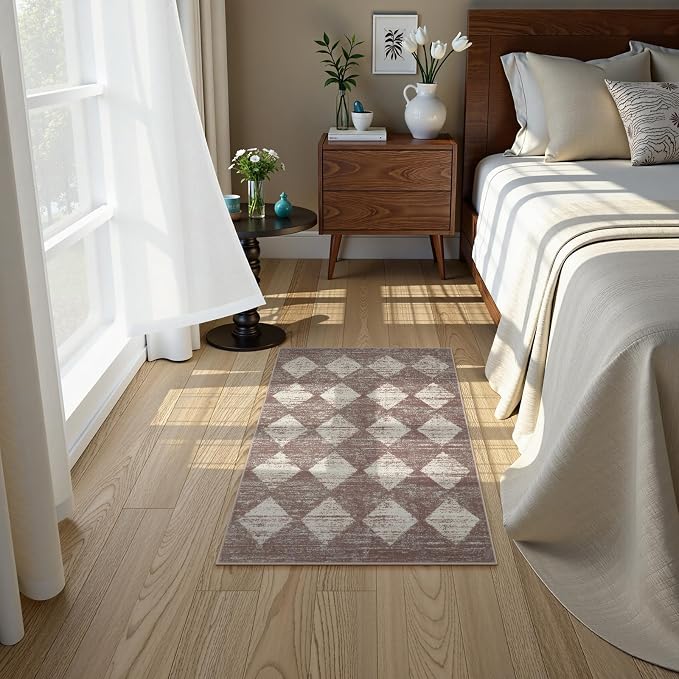 Lahome Checkered Bathroom Rug 2x3 Beige, Non Slip Washable Door Kitchen Mat