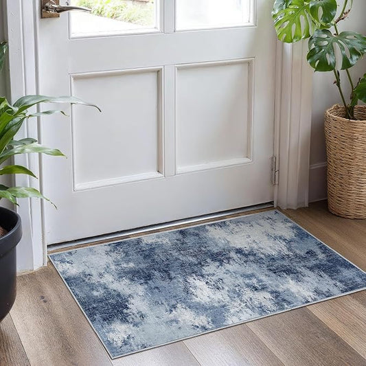Washable Area Rug 2x4, Small Entryway Rug Non-Slip Vintage Door Mat Indoor Entrance, Low Pile Floor Carpet for Entrance, Hallway, Kitchen and Corridor，Dark Blue